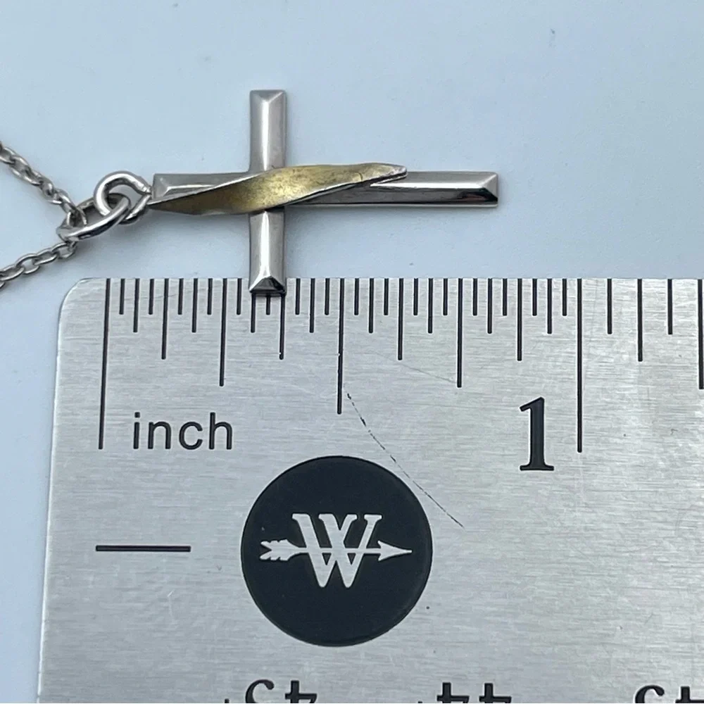 925 Sterling Silver & Gold Accent Cross Pendant Necklace 18”